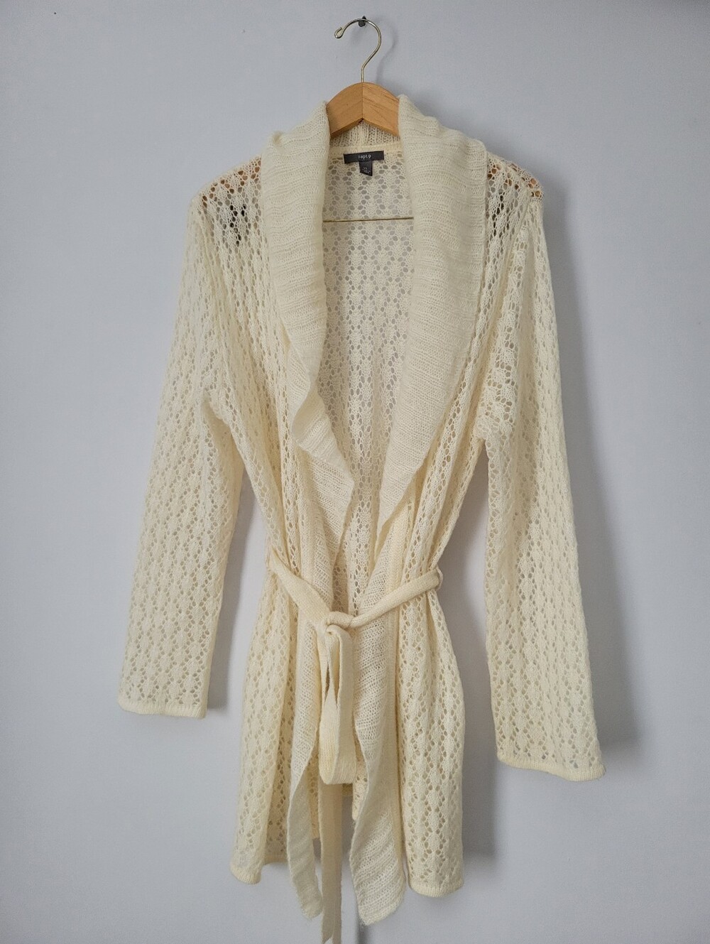 Apt 9 Cream Eyelet Knit Lightweight Boho Shawl Cardigan Belted Open Front Sz XL